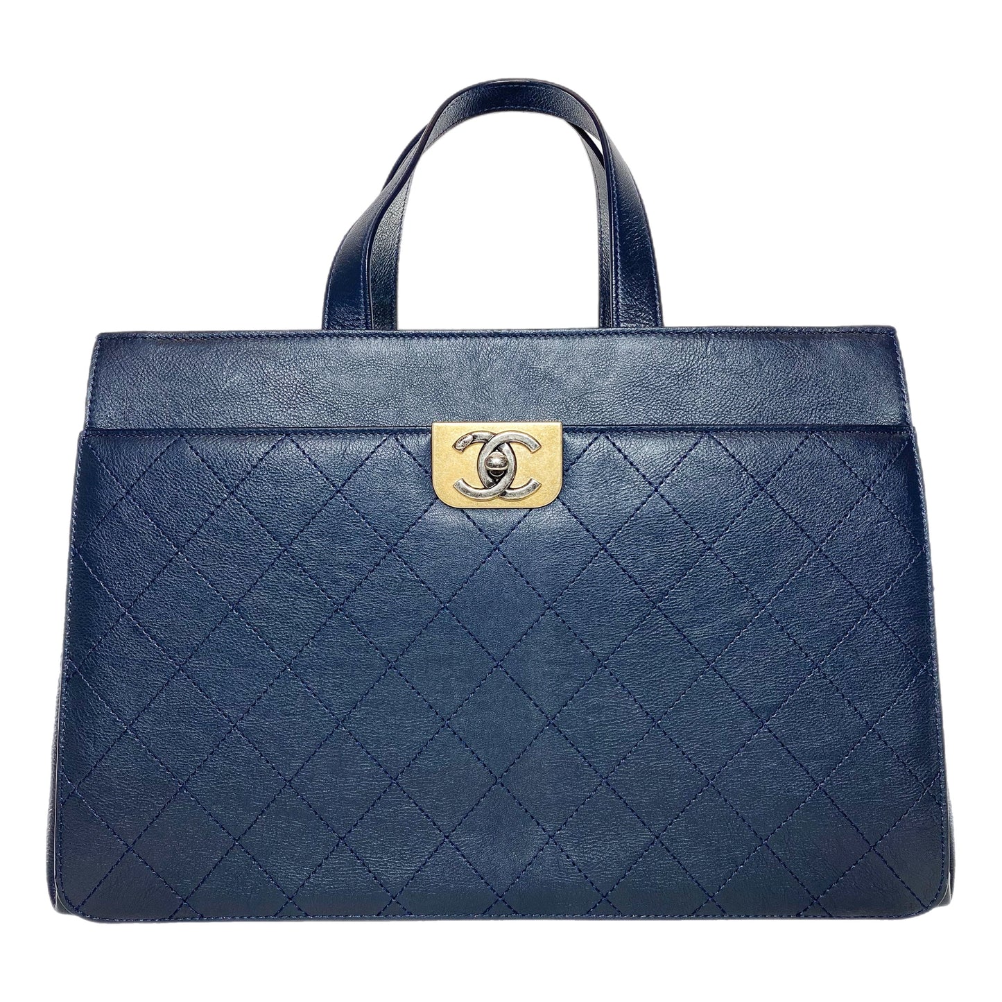 Chanel Large Navy Stitched Straight Lines Shopping Tote