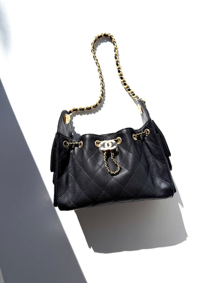 New CHANEL 25 Mini Black Quilted Caviar Leather Shoulder Bag