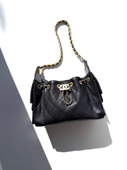 New CHANEL 25 Mini Black Quilted Caviar Leather Shoulder Bag