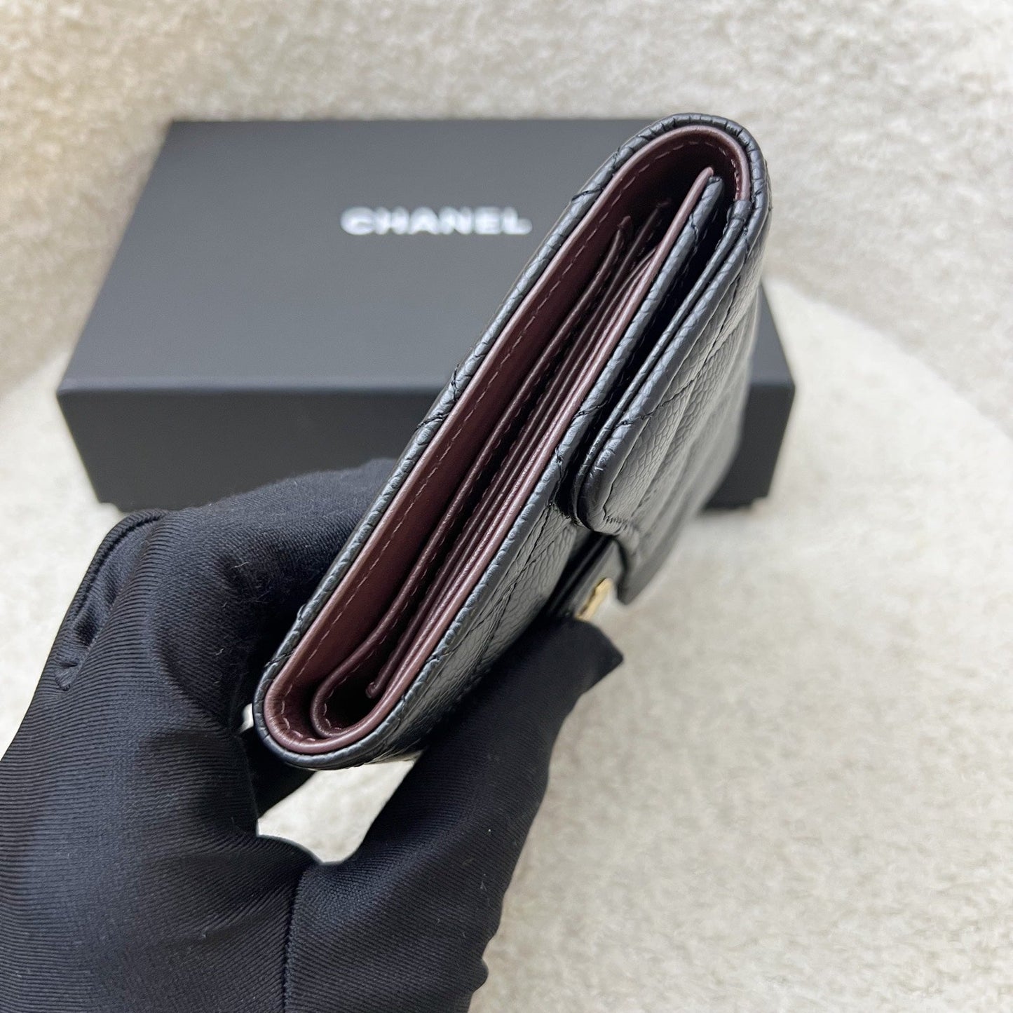 Chanel Classic Trifold Compact Wallet in Black Caviar and GHW