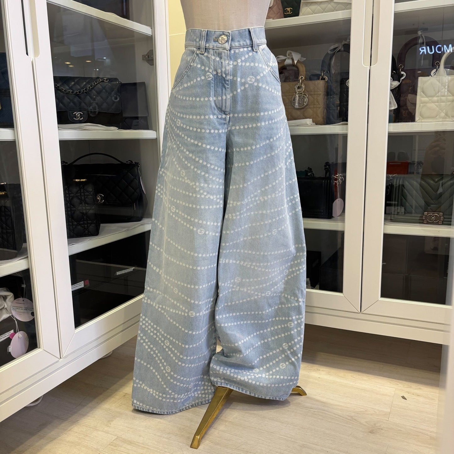 Chanel Washed Light Denim Jeans with Pearl Chain Print in Size 38
