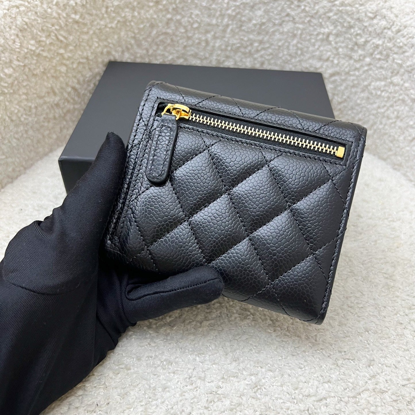Chanel Classic Trifold Compact Wallet in Black Caviar and GHW