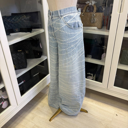 Chanel Washed Light Denim Jeans with Pearl Chain Print in Size 38