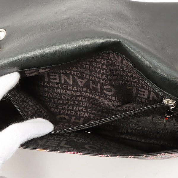 Chanel Around 2005 Made Satin Print Classic Flap Chain Bag 25Cm Black / Multi