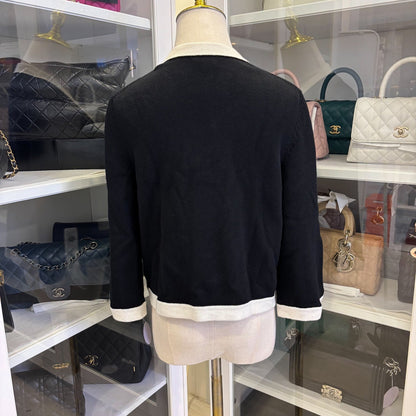 Chanel 25C Cardigan With CC Logo Buttons in Black / White Cashmere Sz 38