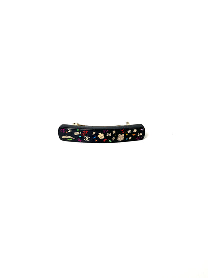 CHANEL Black Multi Logo Glitter Embellished Print Hair Clip