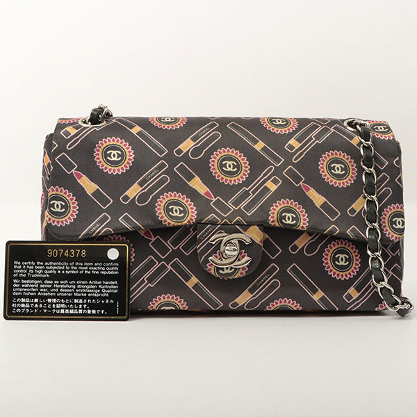 Chanel Around 2005 Made Satin Print Classic Flap Chain Bag 25Cm Black / Multi