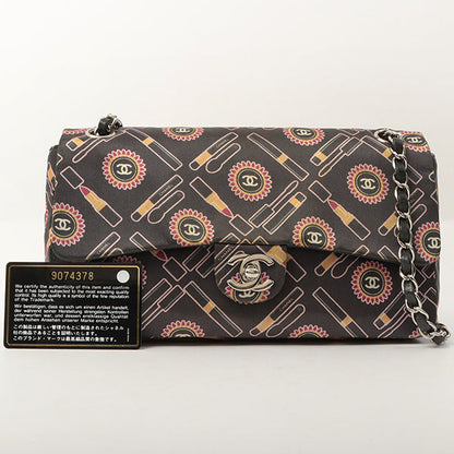 Chanel Around 2005 Made Satin Print Classic Flap Chain Bag 25Cm Black / Multi
