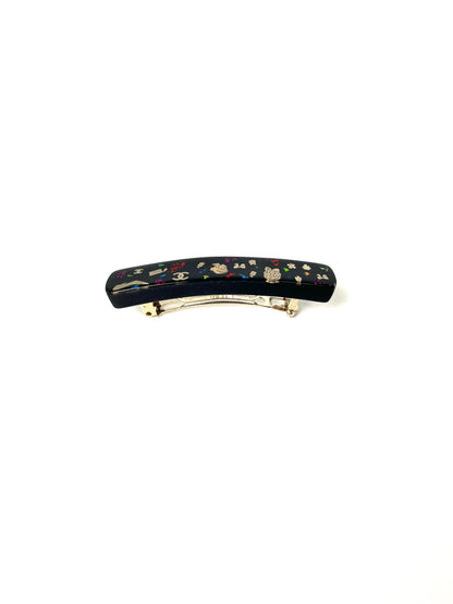 CHANEL Black Multi Logo Glitter Embellished Print Hair Clip