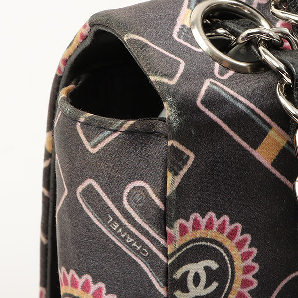 Chanel Around 2005 Made Satin Print Classic Flap Chain Bag 25Cm Black / Multi