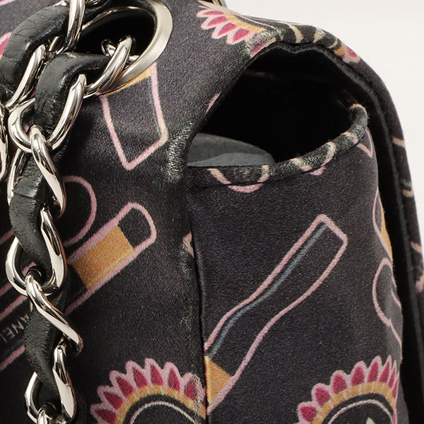 Chanel Around 2005 Made Satin Print Classic Flap Chain Bag 25Cm Black / Multi