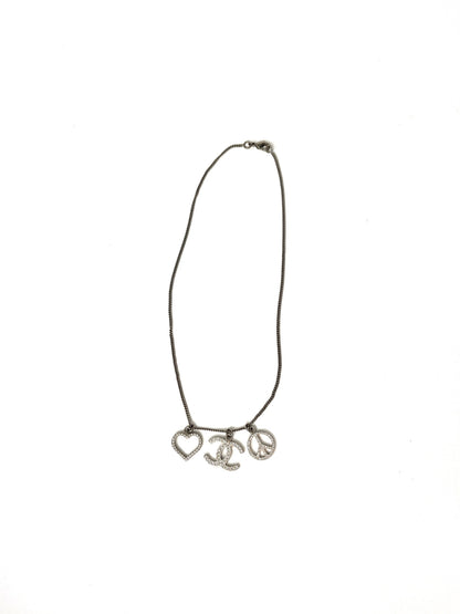 CHANEL Crystal Silver Tone CC Logo Peace Heart Charm Short Necklace