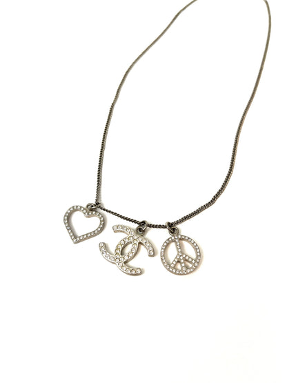 CHANEL Crystal Silver Tone CC Logo Peace Heart Charm Short Necklace