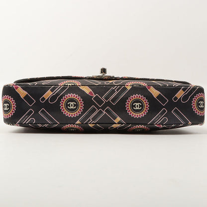 Chanel Around 2005 Made Satin Print Classic Flap Chain Bag 25Cm Black / Multi