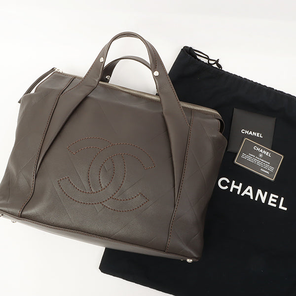 Chanel Around 2007 Made Chevron Cc Mark Stitch Top Handle Bag Dark Brown