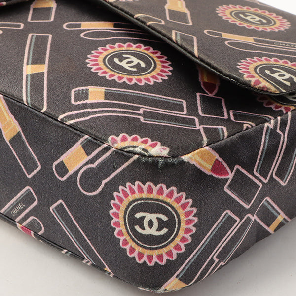 Chanel Around 2005 Made Satin Print Classic Flap Chain Bag 25Cm Black / Multi