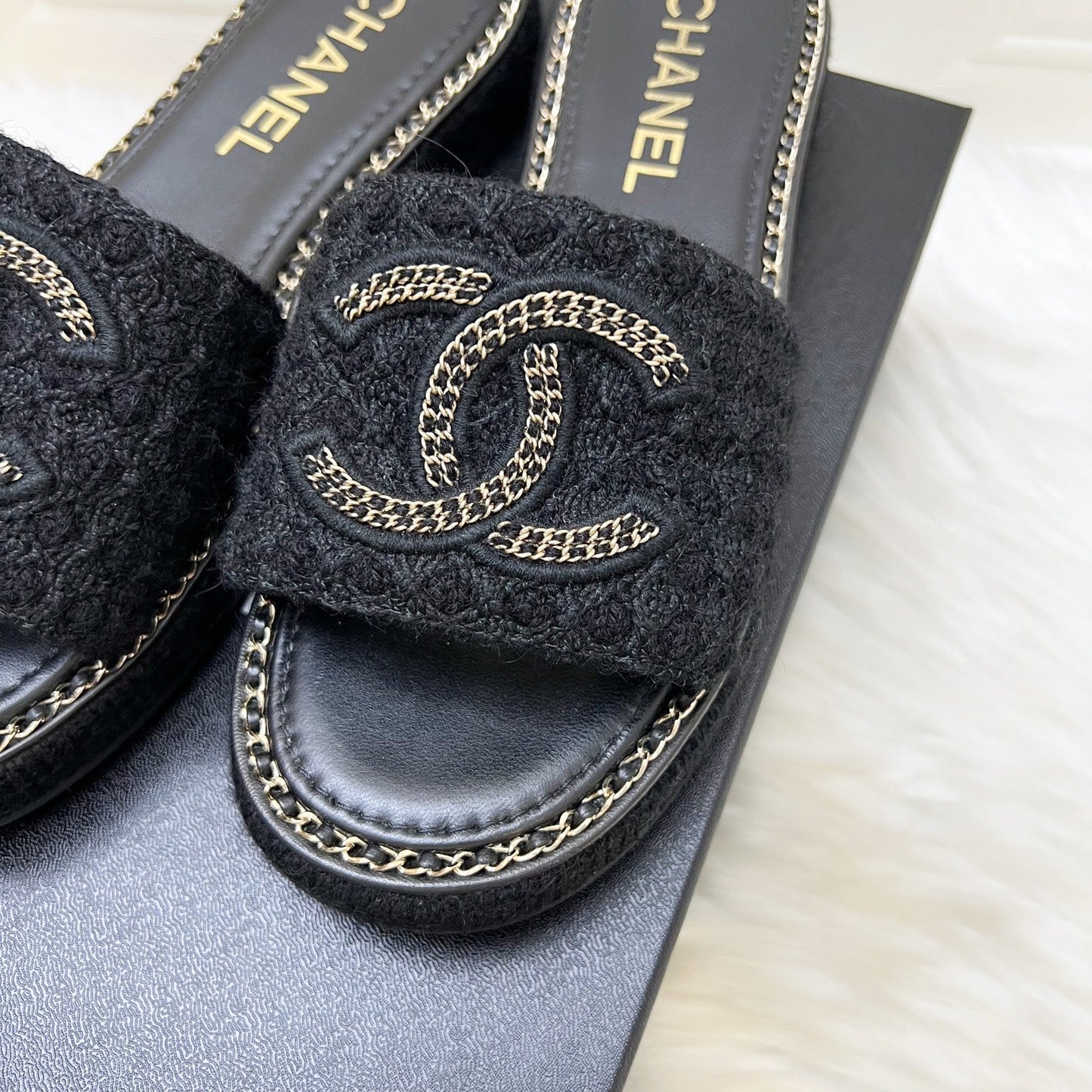 Chanel CC Logo Sandals in Black Tweed and Gold Chain Trimmings