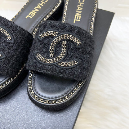 Chanel CC Logo Sandals in Black Tweed and Gold Chain Trimmings