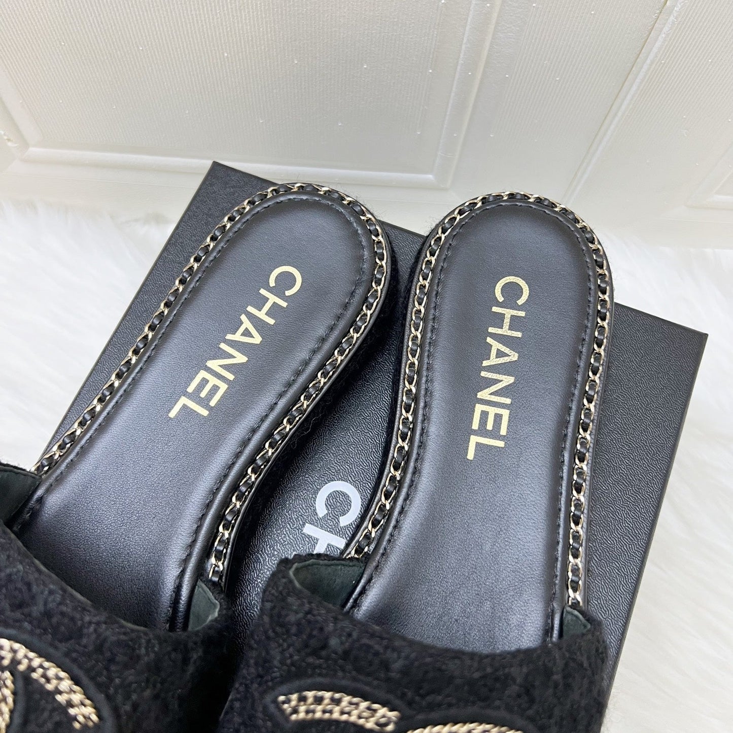Chanel CC Logo Sandals in Black Tweed and Gold Chain Trimmings