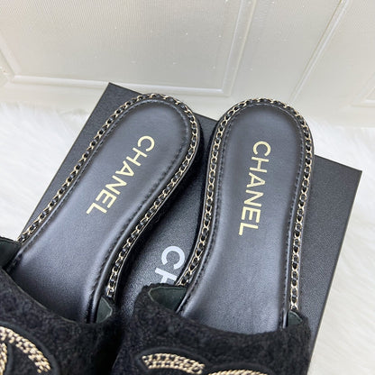 Chanel CC Logo Sandals in Black Tweed and Gold Chain Trimmings