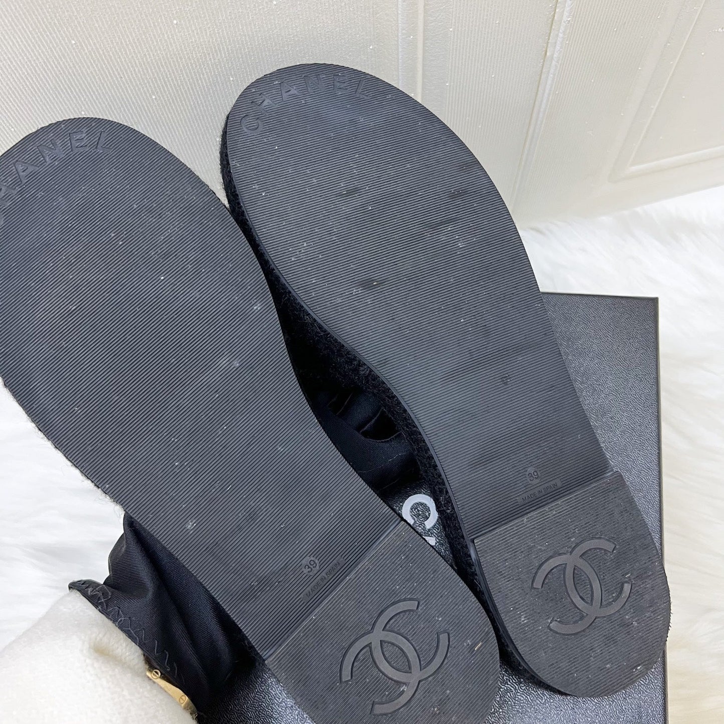 Chanel CC Logo Sandals in Black Tweed and Gold Chain Trimmings