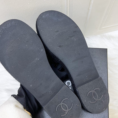 Chanel CC Logo Sandals in Black Tweed and Gold Chain Trimmings
