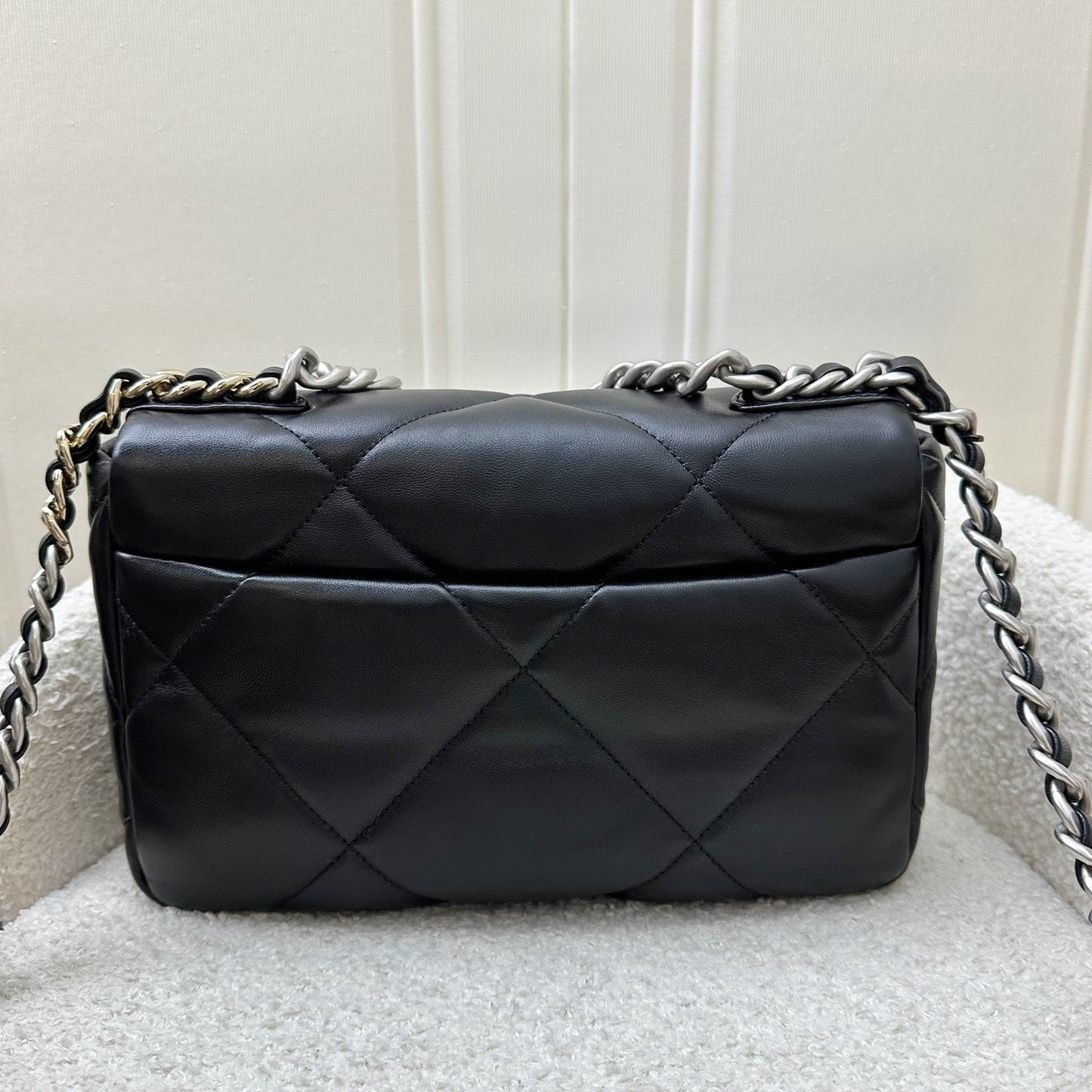 [Brand New] Chanel 19 Small Flap in Black Lambskin and 3-tone Hardware, Silver Turnlock (Model: AS1160)
