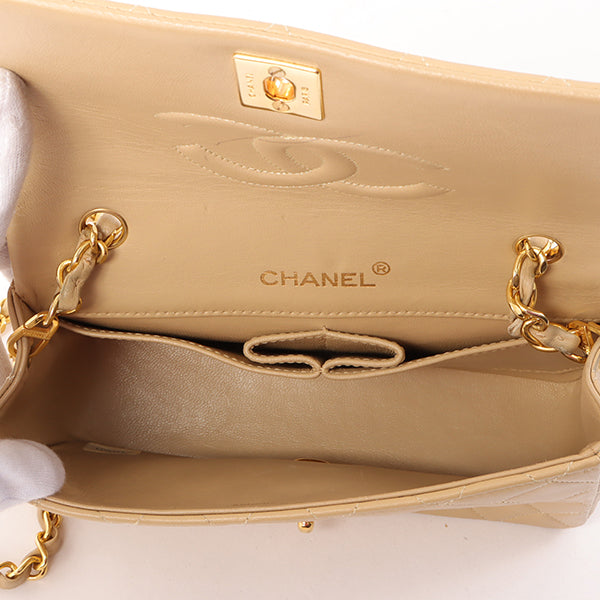 Chanel Around 1990 Made Full Flap Turn-Lock Chain Bag Mini Beige