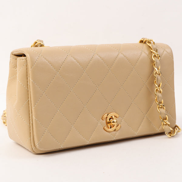 Chanel Around 1990 Made Full Flap Turn-Lock Chain Bag Mini Beige