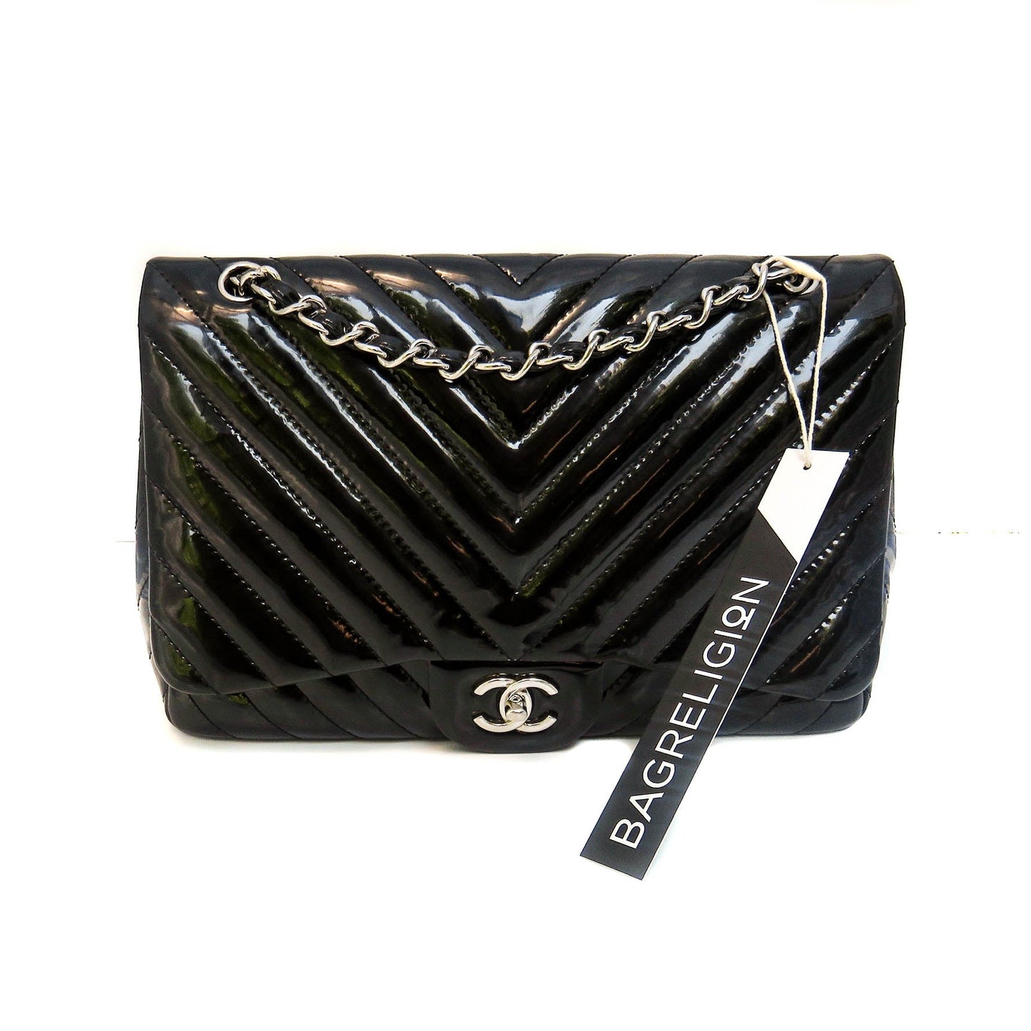 Classic Jumbo in Chevron Patent Leather with SWH Black