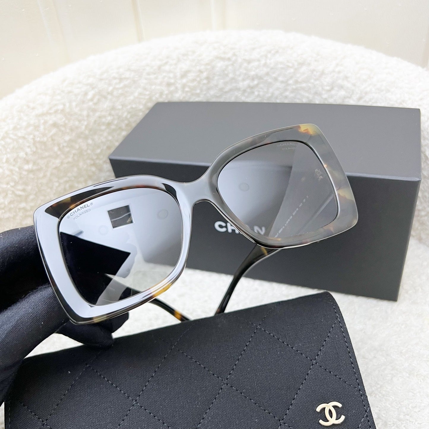 Chanel Logo Sunglasses in Brown Tortoise Shell Patterned Acetate with Grey Gradient Lenses