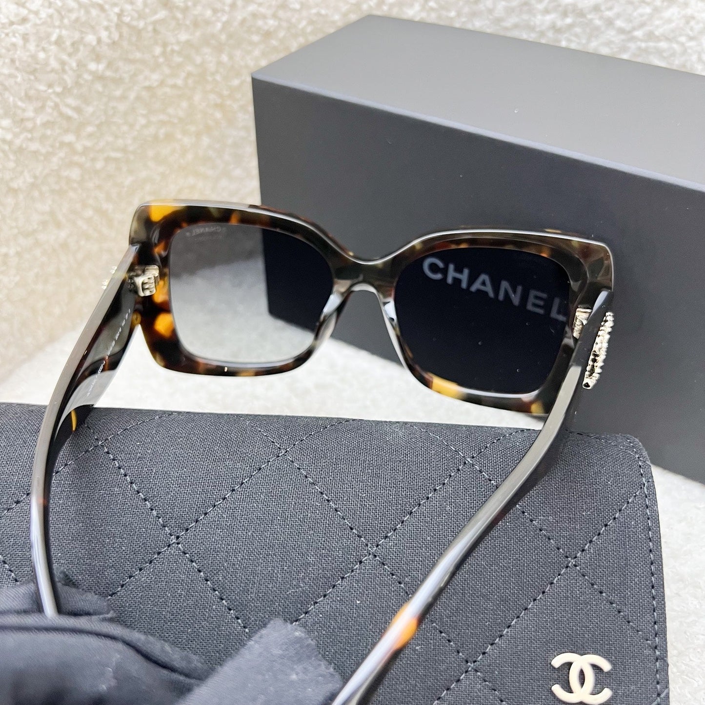 Chanel Logo Sunglasses in Brown Tortoise Shell Patterned Acetate with Grey Gradient Lenses