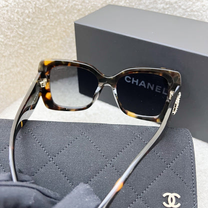 Chanel Logo Sunglasses in Brown Tortoise Shell Patterned Acetate with Grey Gradient Lenses