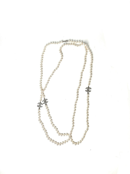 CHANEL CC Faux Pearl Rhinestone Beaded Station Long Double Necklace