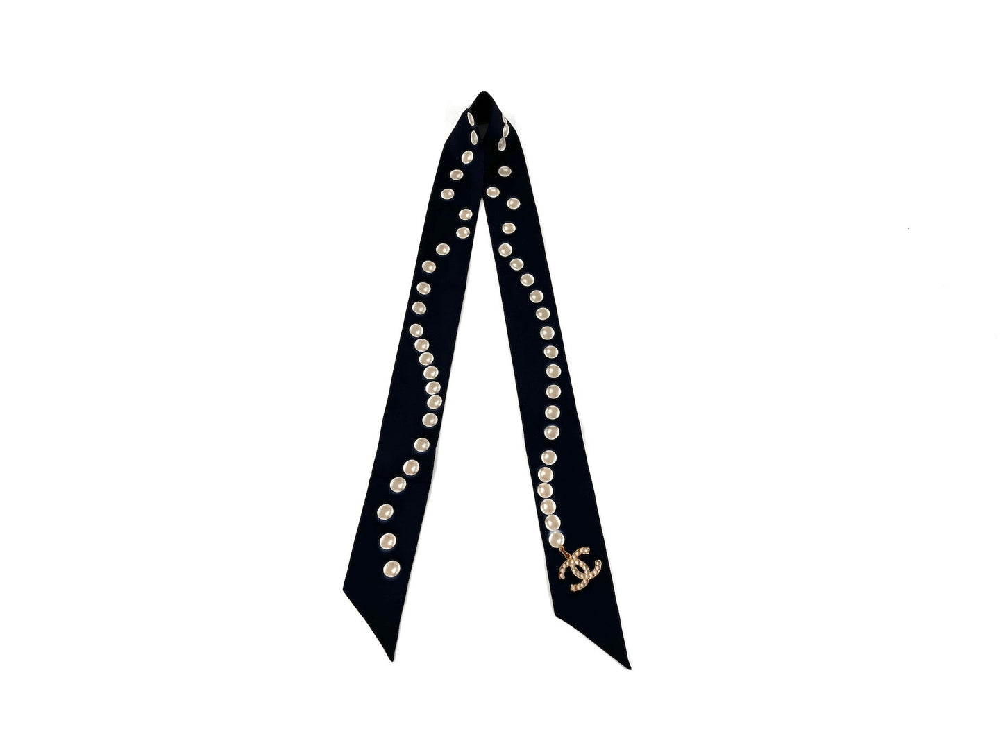 CHANEL Pearl Silk Pearl Print CC Logo Scarf