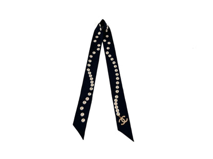 CHANEL Pearl Silk Pearl Print CC Logo Scarf