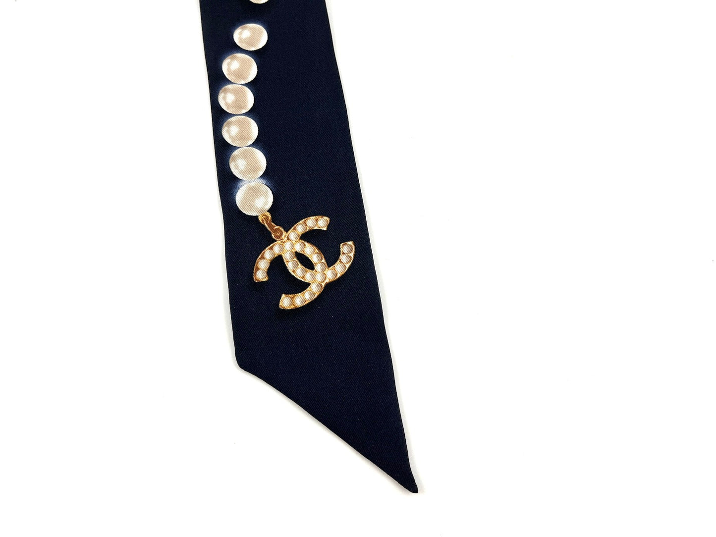 CHANEL Pearl Silk Pearl Print CC Logo Scarf