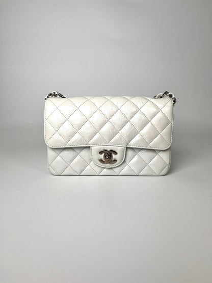 CHANEL White 2021 Rectangular Mini Crumpled Calfskin Classic Flap Bag