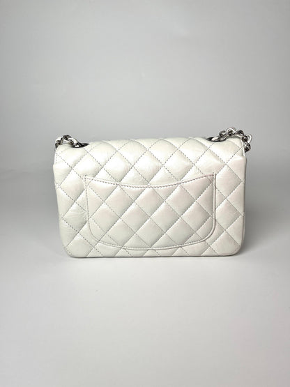 CHANEL White 2021 Rectangular Mini Crumpled Calfskin Classic Flap Bag