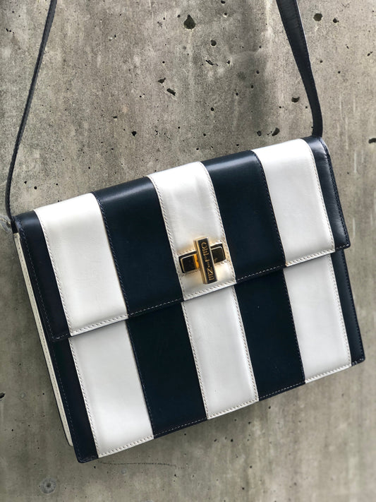 CELINE Cadena Turn lock Leather Crossbody Shoulder Bag Navy White Vintage Old CELINE vw6sjn