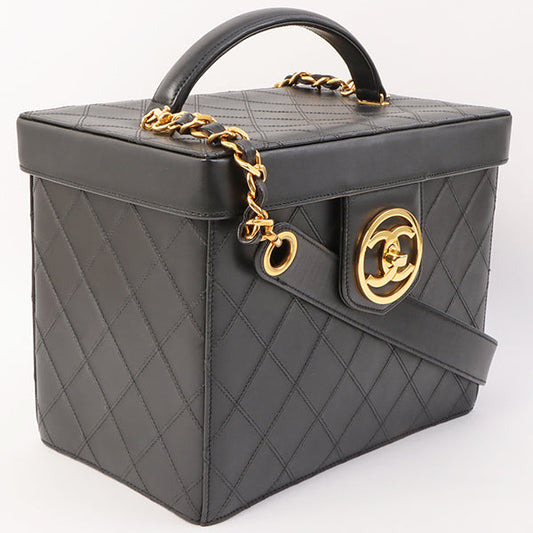 Chanel Around 1992 Made Bicolore Stitch Round Turn-Lock Vanity 2Way Bag Black