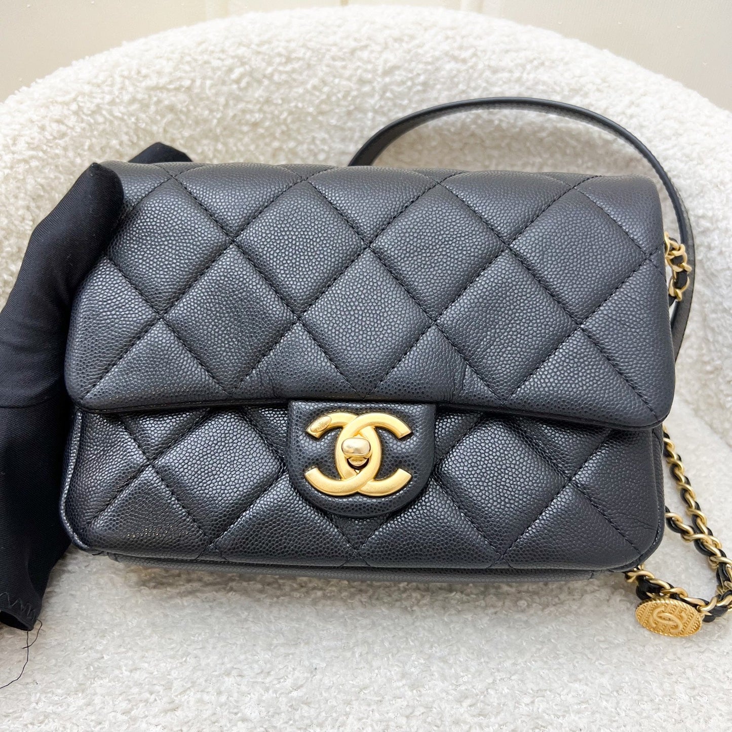 Chanel 22A “Twist Your Buttons” Small / Mini Flap in Black Caviar and AGHW (Model: AS3369)