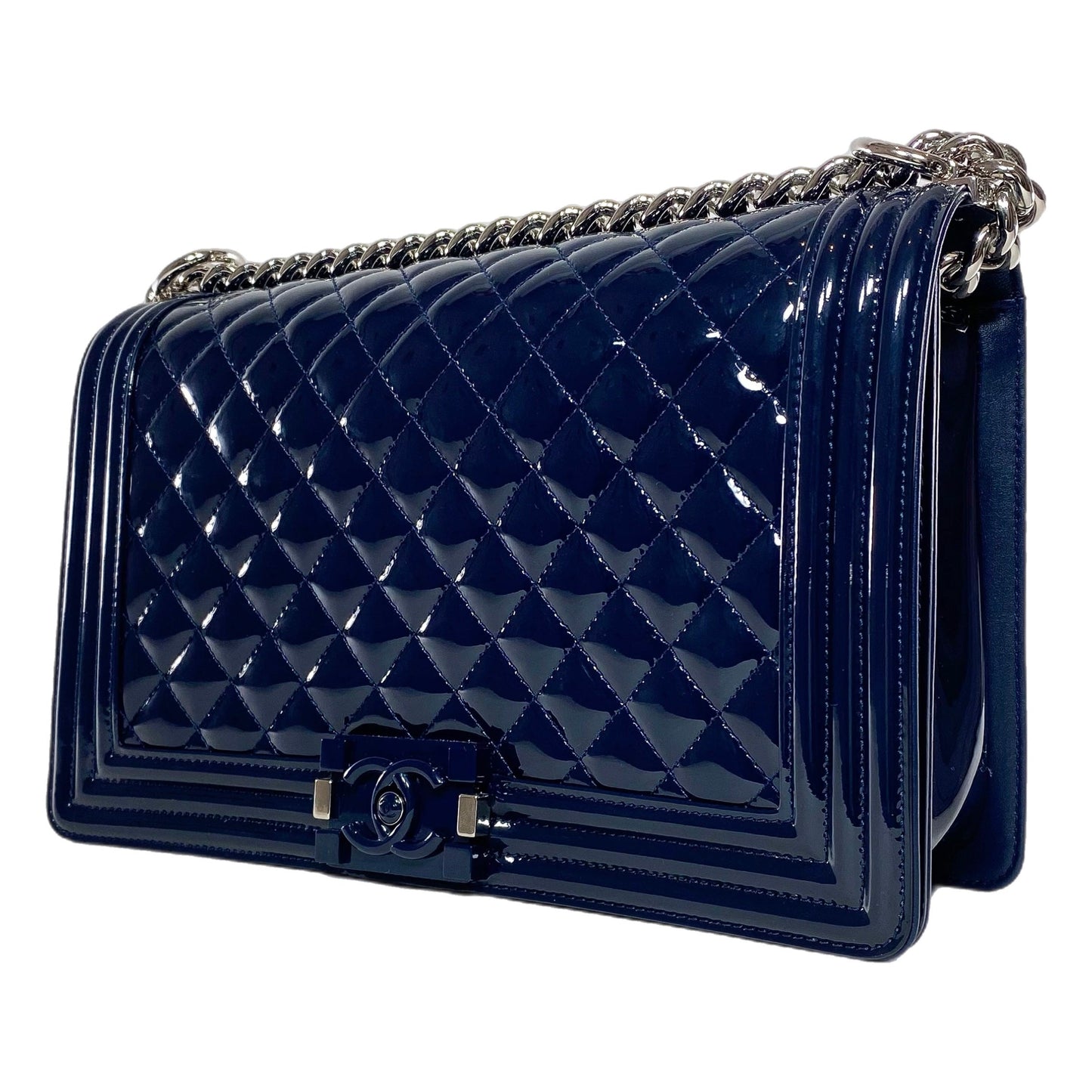 Chanel Navy Patent Old Medium Boy Bag