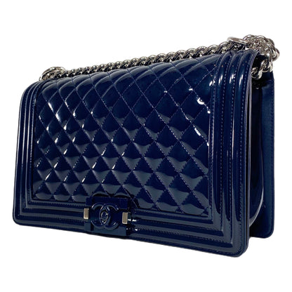 Chanel Navy Patent Old Medium Boy Bag