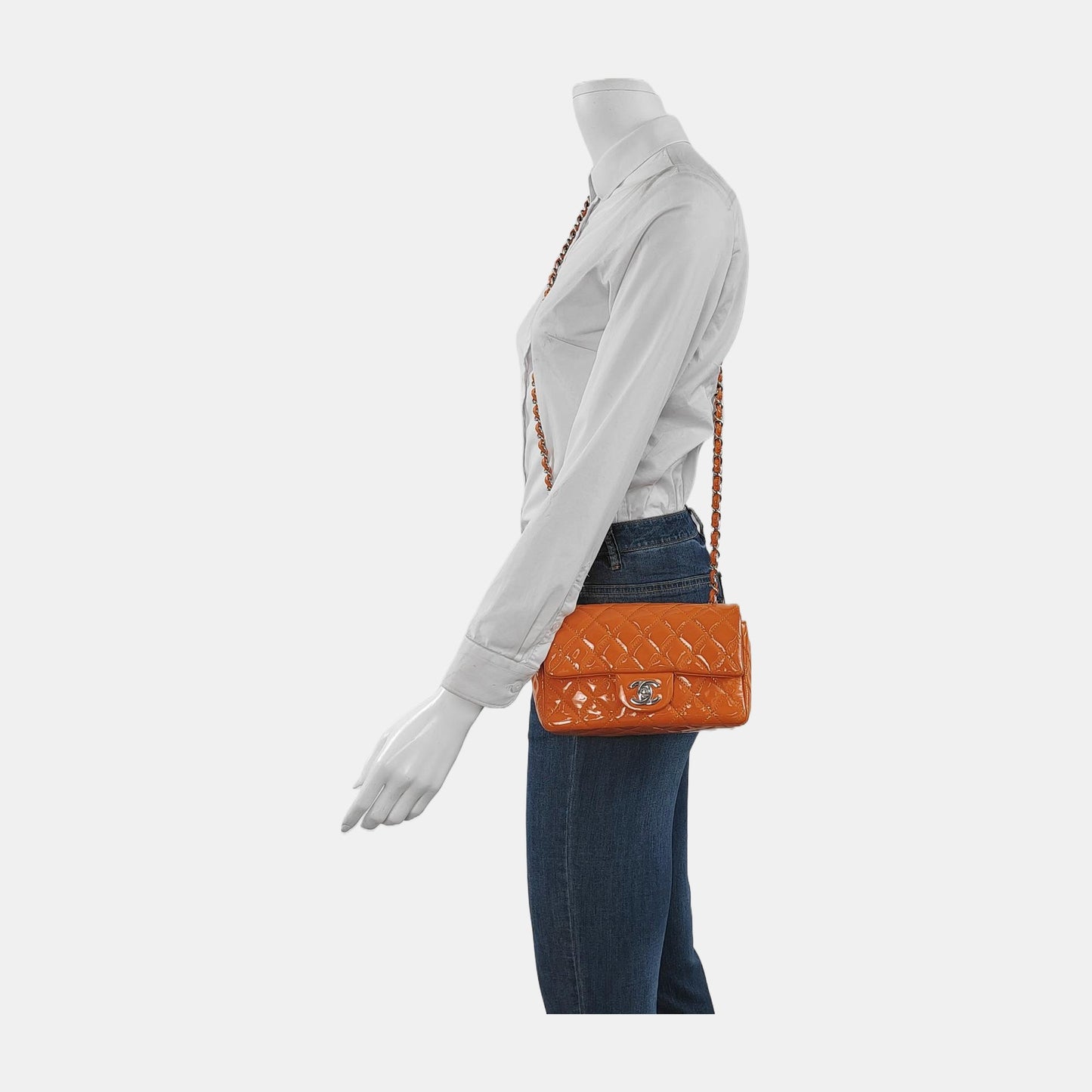 Chanel Classic Flap Rectangular Mini Orange Patent Leather Silver HW
