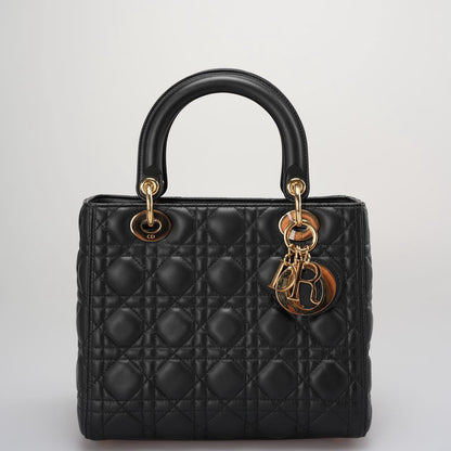 Dior Black Lady Dior Bag In Medium Size Cannage Lambskin Leather with GoId Hardware From 2016