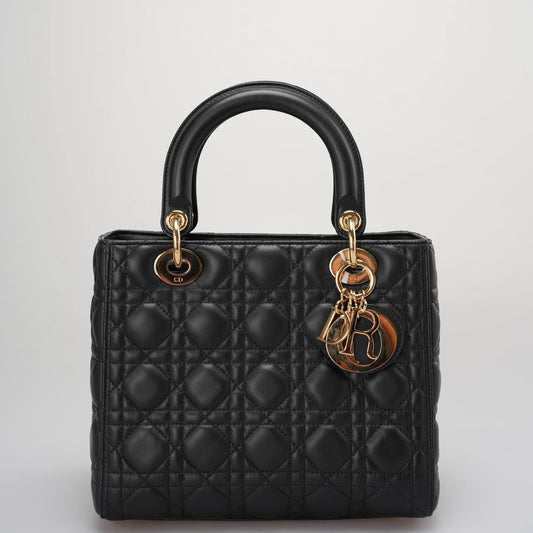 Dior Black Lady Dior Bag In Medium Size Cannage Lambskin Leather with GoId Hardware From 2016