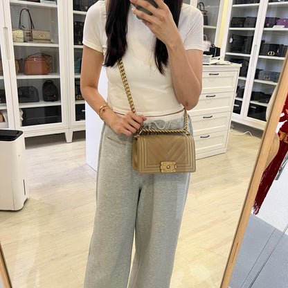 Chanel Small 20cm Boy Flap in Chevron Quilted Beige Caviar and AGHW
