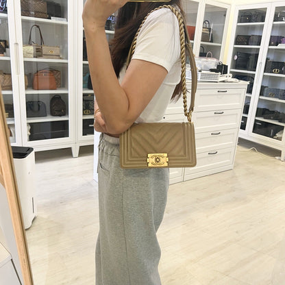 Chanel Small 20cm Boy Flap in Chevron Quilted Beige Caviar and AGHW