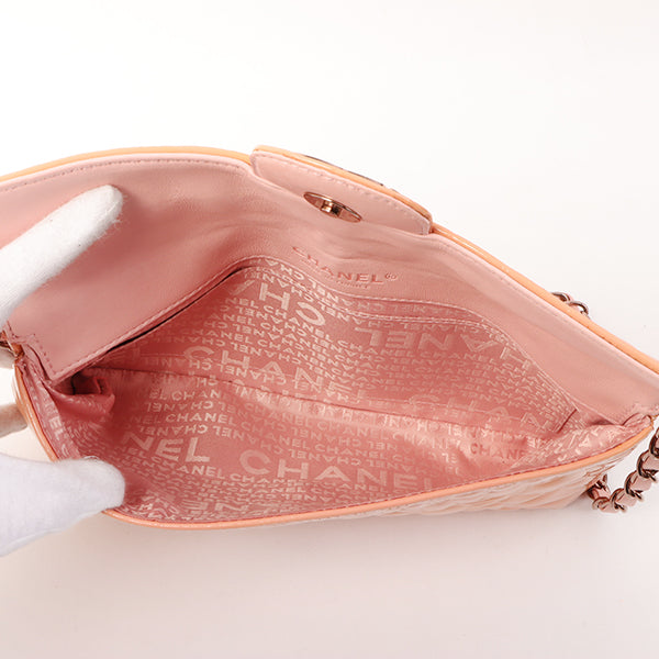 Chanel Around 2003 Made Patent Camellia Motif Classic Flap Chain Bag Salmon Pink